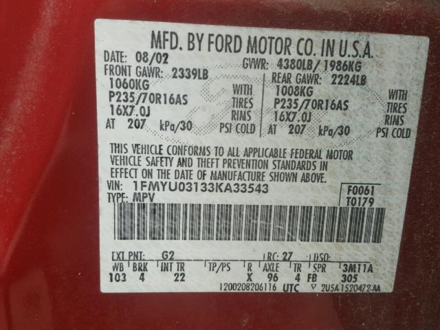 1FMYU03133KA33543 - 2003 FORD ESCAPE XLT BURGUNDY photo 10