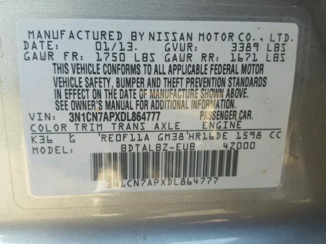 3N1CN7APXDL864777 - 2013 NISSAN VERSA S SILVER photo 10