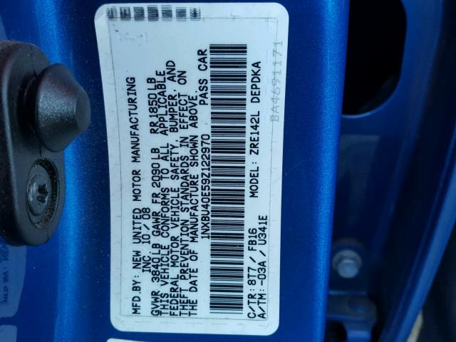 1NXBU40E59Z122970 - 2009 TOYOTA COROLLA BA BLUE photo 10