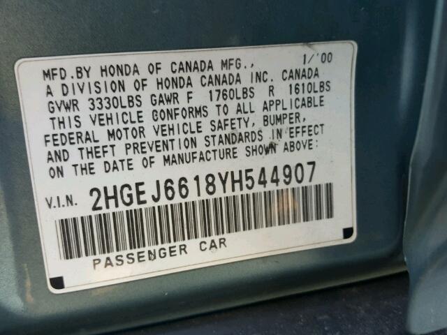 2HGEJ6618YH544907 - 2000 HONDA CIVIC BASE 绿色 照片 10