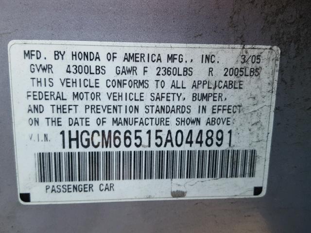 1HGCM66515A044891 - 2005 HONDA ACCORD EX SILVER photo 10