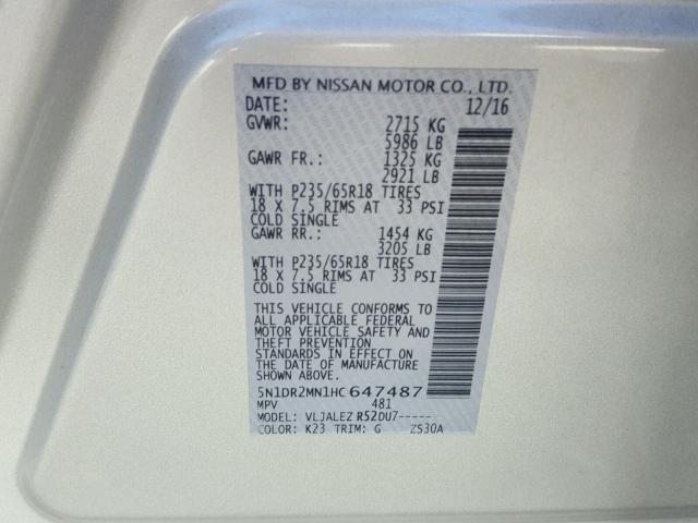 5N1DR2MN1HC647487 - 2017 NISSAN PATHFINDER SILVER photo 10