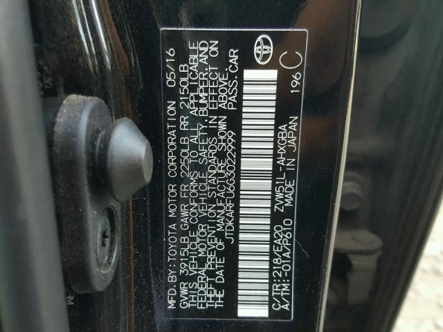 JTDKARFU6G3022999 - 2016 TOYOTA PRIUS BLACK photo 10