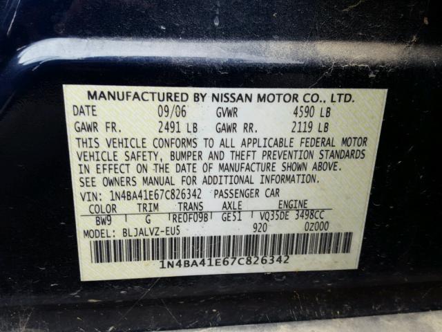 1N4BA41E67C826342 - 2007 NISSAN MAXIMA SE BLUE photo 10