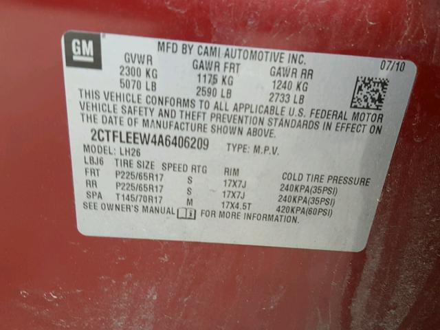 2CTFLEEW4A6406209 - 2010 GMC TERRAIN SL RED photo 10