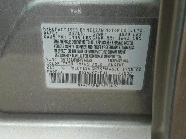 3N1AB7AP8FY274678 - 2015 NISSAN SENTRA S CHARCOAL photo 10