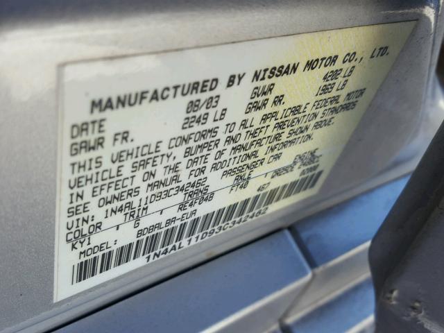 1N4AL11D93C342462 - 2003 NISSAN ALTIMA BAS GRAY photo 10