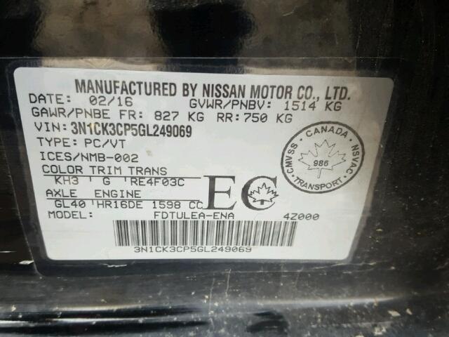 3N1CK3CP5GL249069 - 2016 NISSAN MICRA BLACK photo 10