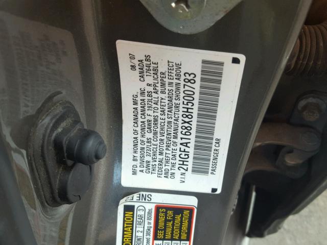 2HGFA168X8H500783 - 2008 HONDA CIVIC EX ნაცრისფერი ფოტო 10