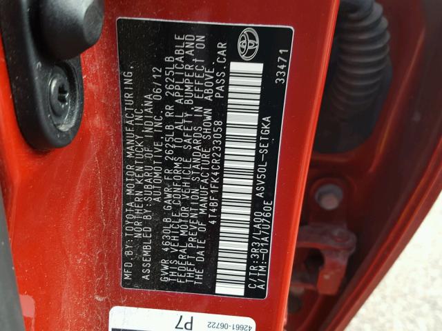 4T4BF1FK4CR233058 - 2012 TOYOTA CAMRY BASE RED photo 10