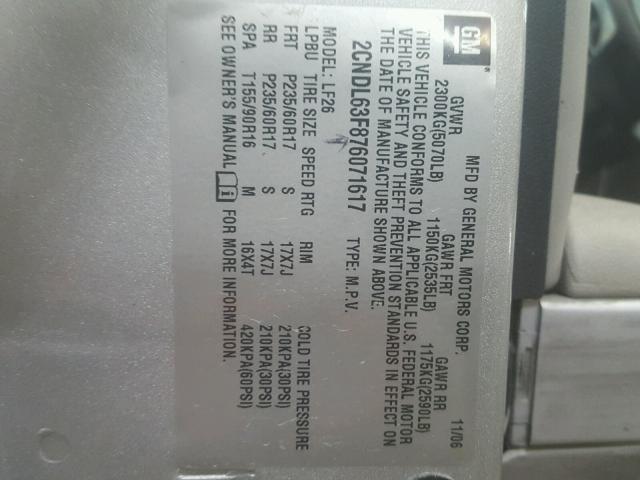 2CNDL63F876071617 - 2007 CHEVROLET EQUINOX LT SILVER photo 10