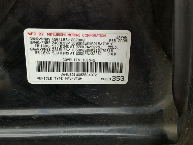 JA4LS21WX8Z604372 - 2008 MITSUBISHI OUTLANDER BLACK photo 10