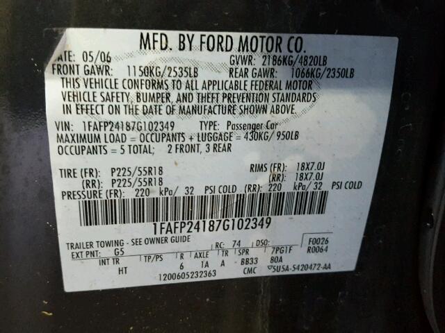 1FAFP24187G102349 - 2007 FORD FIVE HUNDR GRAY photo 10