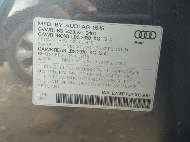 WA1L2AFP1GA003800 - 2016 AUDI Q5 PREMIUM GRAY photo 10