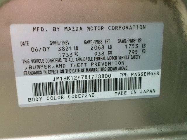 JM1BK12F781778800 - 2008 MAZDA 3 I GOLD photo 10