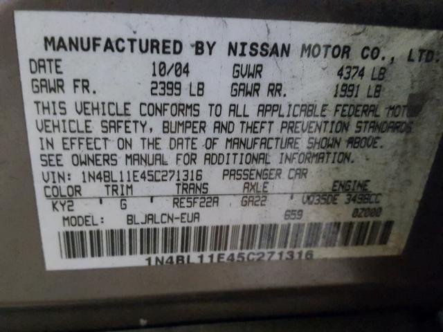 1N4BL11E45C271316 - 2005 NISSAN ALTIMA SE GRAY photo 10