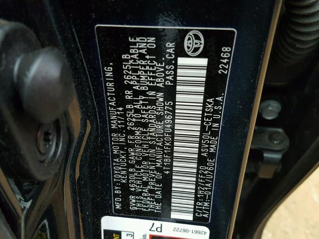 4T1BF1FK0FU496775 - 2015 TOYOTA CAMRY LE შავი ფოტო 10