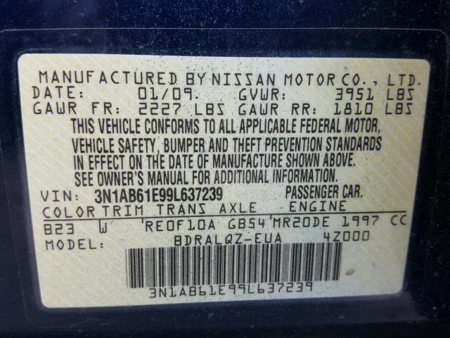 3N1AB61E99L637239 - 2009 NISSAN SENTRA 2.0 BLUE photo 10