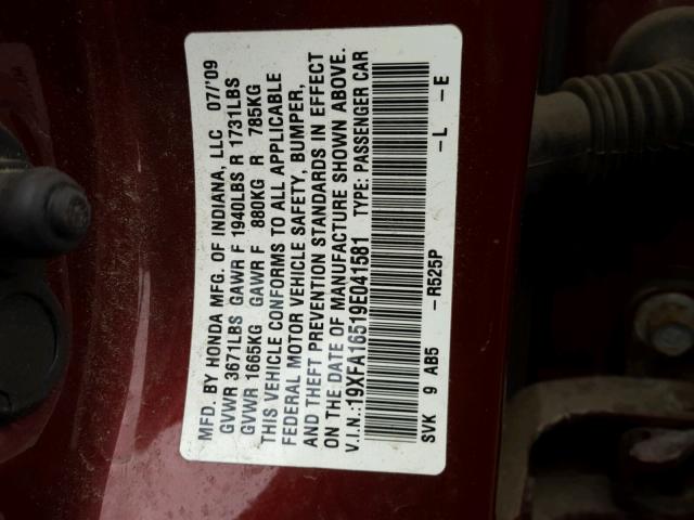 19XFA16519E041581 - 2009 HONDA CIVIC LX MAROON photo 10