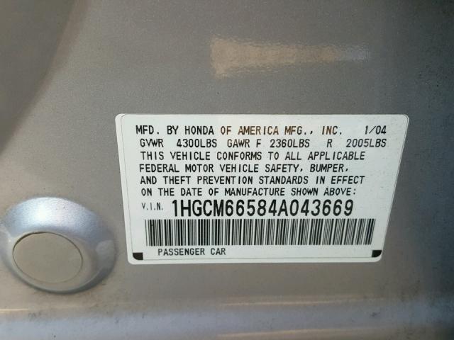 1HGCM66584A043669 - 2004 HONDA ACCORD EX SILVER photo 10