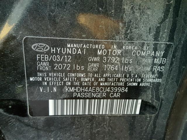 KMHDH4AE8CU439984 - 2012 HYUNDAI ELANTRA GL BLACK photo 10