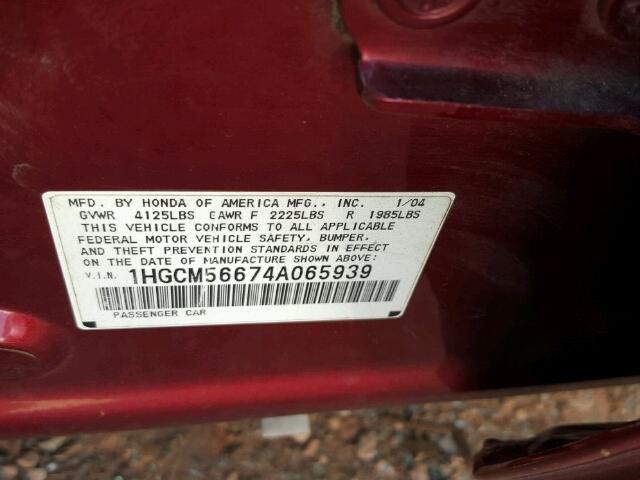 1HGCM56674A065939 - 2004 HONDA ACCORD EX RED photo 10