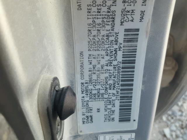 JTEHF21A520089972 - 2002 TOYOTA HIGHLANDER SILVER photo 10