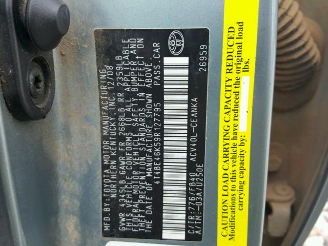 4T4BE46K59R127795 - 2009 TOYOTA CAMRY BASE BLUE photo 10