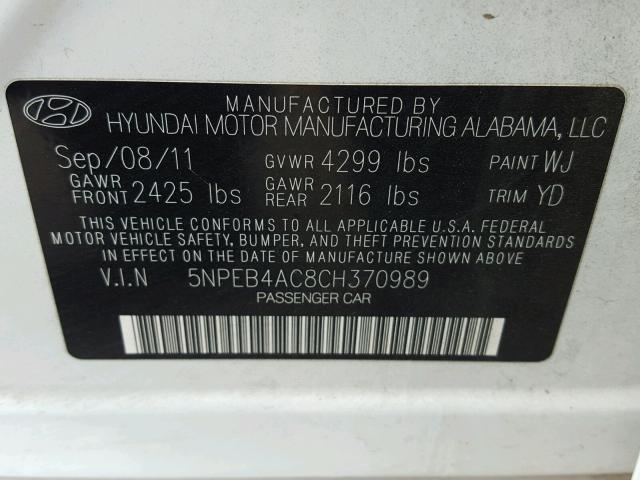 5NPEB4AC8CH370989 - 2012 HYUNDAI SONATA GLS WHITE photo 10