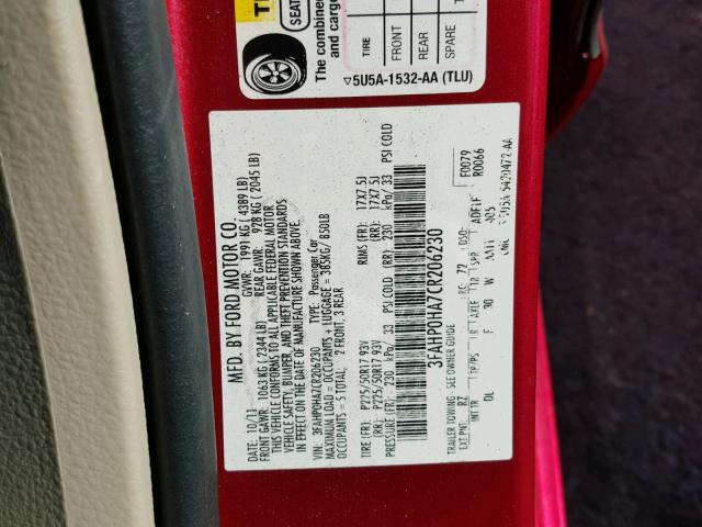 3FAHP0HA7CR206230 - 2012 FORD FUSION SE RED photo 10