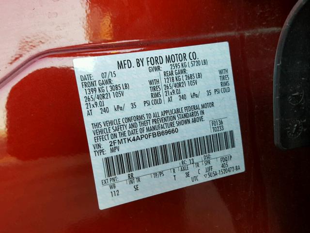 2FMTK4AP0FBB69660 - 2015 FORD EDGE SPORT RED photo 10