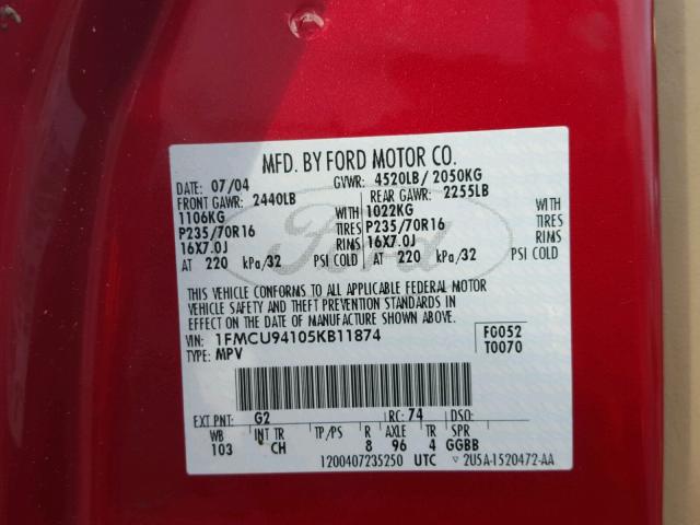 1FMCU94105KB11874 - 2005 FORD ESCAPE LIM RED photo 10