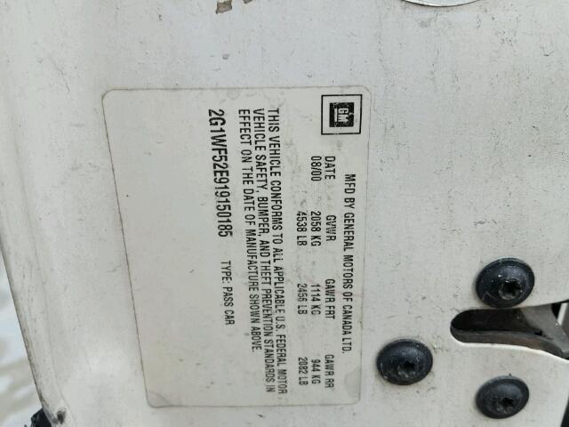 2G1WF52E919150185 - 2001 CHEVROLET IMPALA 白色 照片 10