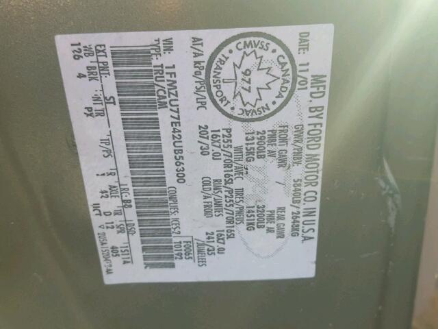 1FMZU77E42UB56300 - 2002 FORD EXPLORER S 绿色 照片 10