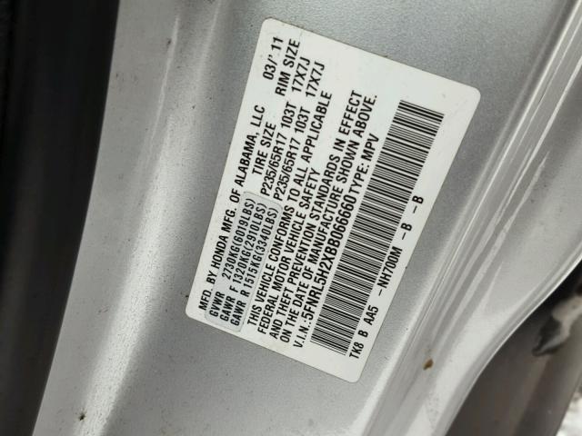 5FNRL5H2XBB066660 - 2011 HONDA ODYSSEY LX SILVER photo 10