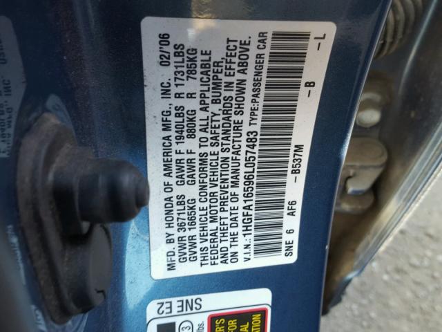 1HGFA16596L057483 - 2006 HONDA CIVIC LX BLUE photo 10