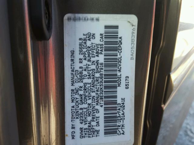 4T1BE32K53U687916 - 2003 TOYOTA CAMRY LE GRAY photo 10