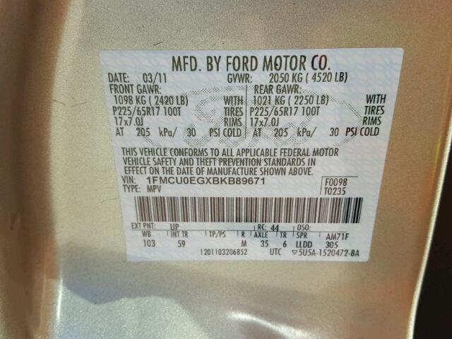 1FMCU0EGXBKB89671 - 2011 FORD ESCAPE LIM GOLD photo 10