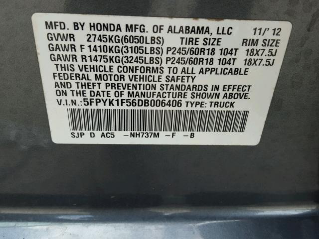 5FPYK1F56DB006406 - 2013 HONDA RIDGELINE GRAY photo 10