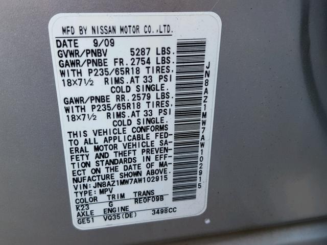 JN8AZ1MW7AW102915 - 2010 NISSAN MURANO S SILVER photo 10