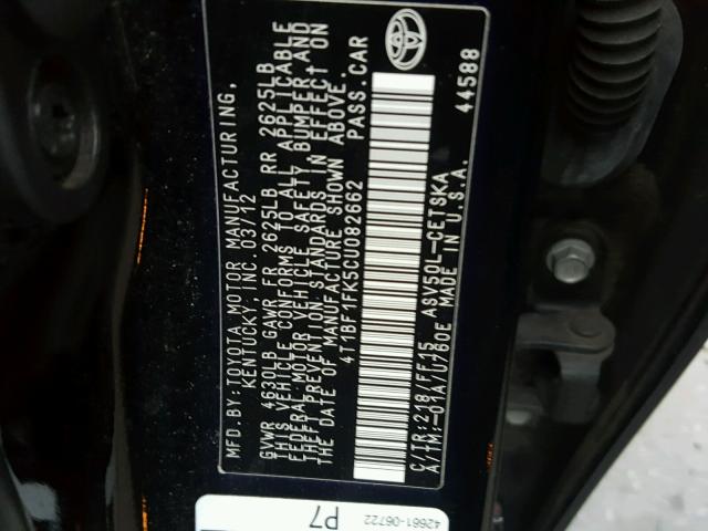 4T1BF1FK5CU082662 - 2012 TOYOTA CAMRY BASE BLACK photo 10