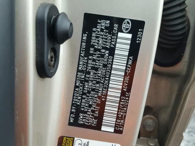 4T1BE32K44U356360 - 2004 TOYOTA CAMRY LE 米色 照片 10