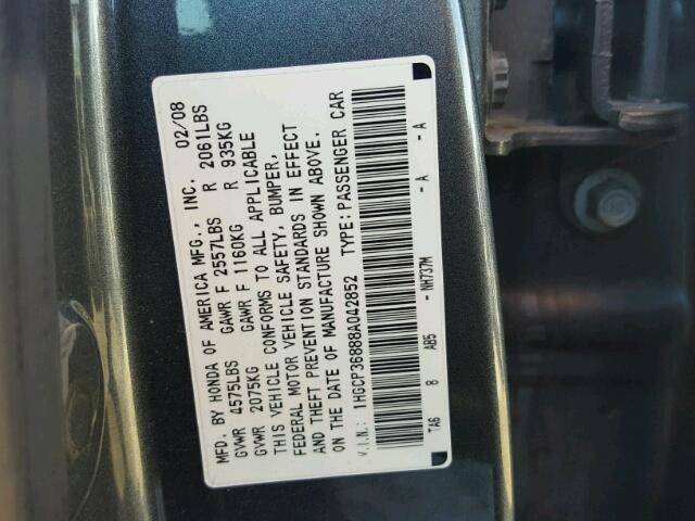 1HGCP36888A042852 - 2008 HONDA ACCORD EXL GRAY photo 10