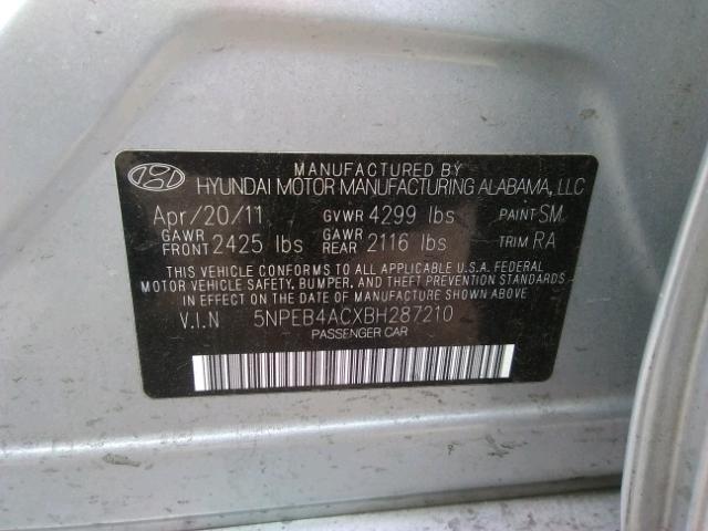 5NPEB4ACXBH287210 - 2011 HYUNDAI SONATA GLS SILVER photo 10