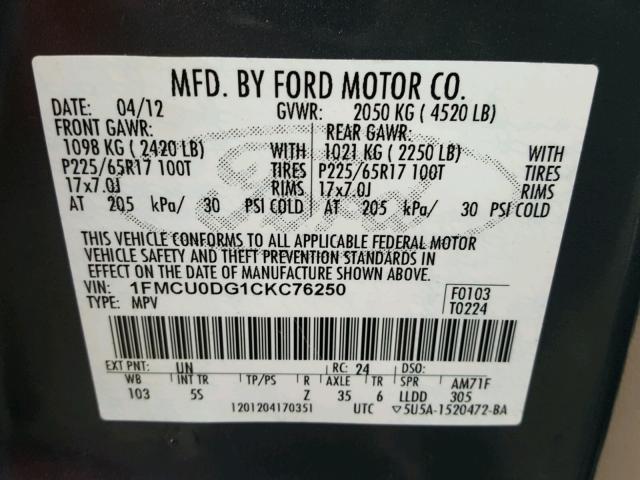 1FMCU0DG1CKC76250 - 2012 FORD ESCAPE XLT BLUE photo 10