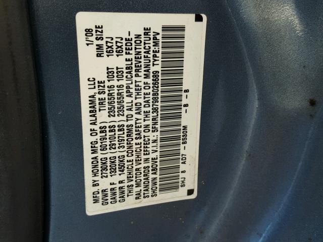 5FNRL38798B026689 - 2008 HONDA ODYSSEY EX BLUE photo 10