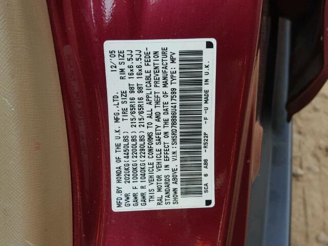 SHSRD78896U417599 - 2006 HONDA CR-V EX მუქწითელი ფოტო 10