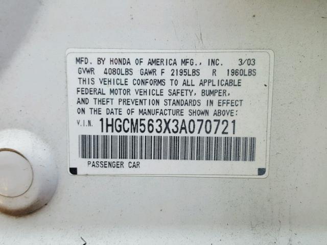 1HGCM563X3A070721 - 2003 HONDA ACCORD LX WHITE photo 10