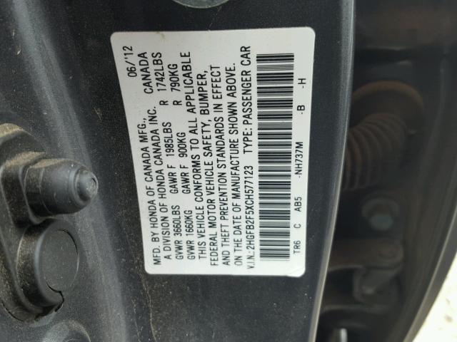 2HGFB2F5XCH577123 - 2012 HONDA CIVIC LX GRAY photo 10