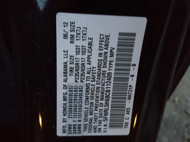 5FNRL5H68CB112409 - 2012 HONDA ODYSSEY EX BLACK photo 10